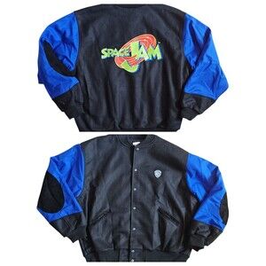 Rare‎ VTG Space Jam Jacket Mens Large Black Blue Wool Warner Bros WB Movie 90s